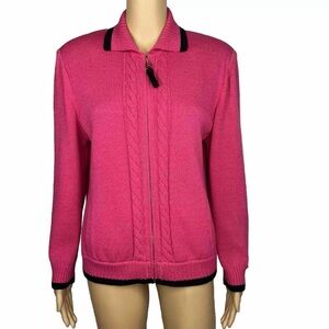 St John Sport By Marie Gray Sweater Pink Black Knit Zip Up Stretch Pockets